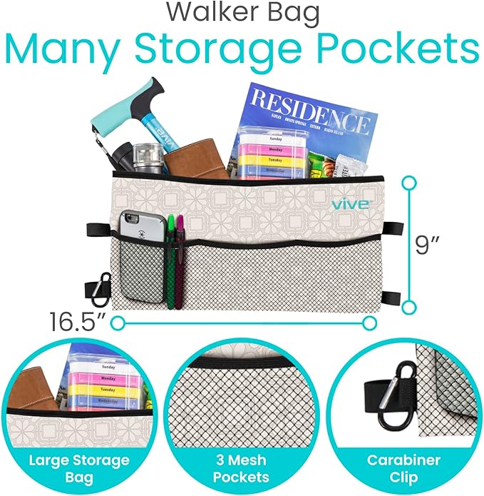 Vive Walker Bag - Accessories Wheelchair Basket Pouch (Water Resistant) - Seniors Caddy Accessory Attachment for Folding, Rolling Walkers - Carry Storage Carrier Tote - Lightweight, Universal Size