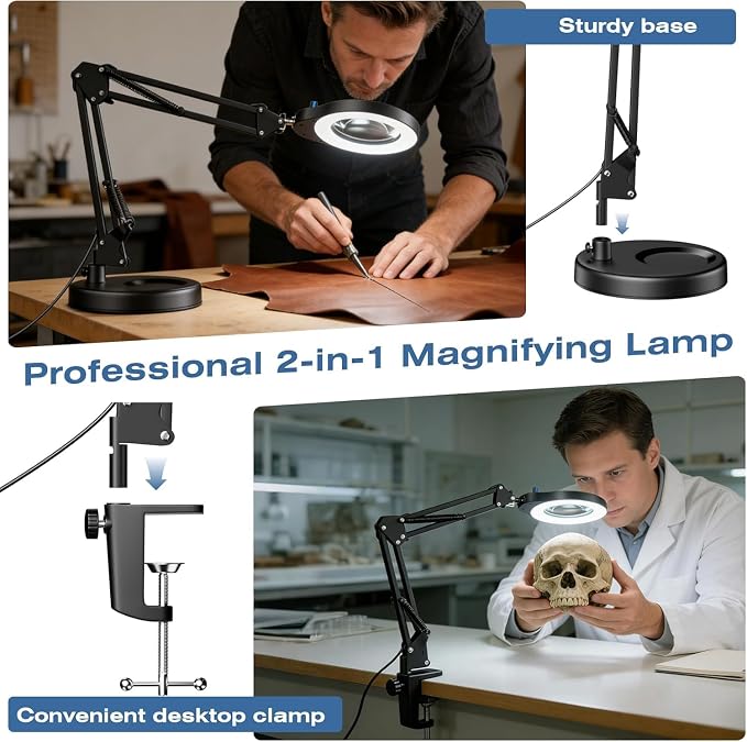 10X Magnifying Glass with Light and Stand, 5 Color Modes Stepless Dimmable LED Magnifier, Hands Free Desk Lamp with Clamp for Close Work Craft Reading Repair