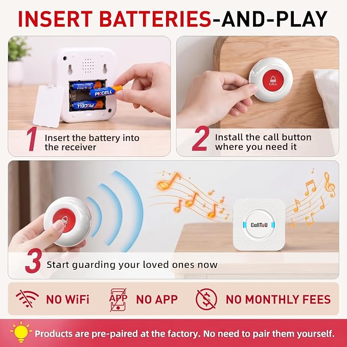 CallToU Wireless Caregiver Pager 2 Call Buttons+1 Battery-Powered Receivers | Easy Setup, Loud Whole-Home Alerts, Peace of Mind, Waterproof Call Button for Elderly, Seniors, Patients and Home Caregivers