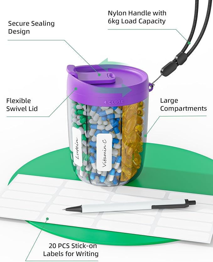 PULIV Large Supplement Organizer Bottle, Holds Plenty of 6 Various Vitamins in 1 Pill Dispenser with Anti-Mixing & Wide Openings Design, Easy to Retrieve Meds, Includes 20 Pcs Labels Dark Purple