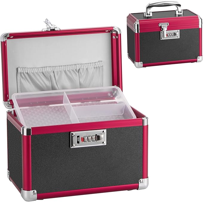 Medicine Lock Box with Combination Lock - 10 x 6 x 6.7 Inches - First Aid Safe Medication Storage Box, Medications and Personal Items, Safe Boxes for Home and Outdoor - Black Red 【No strap】