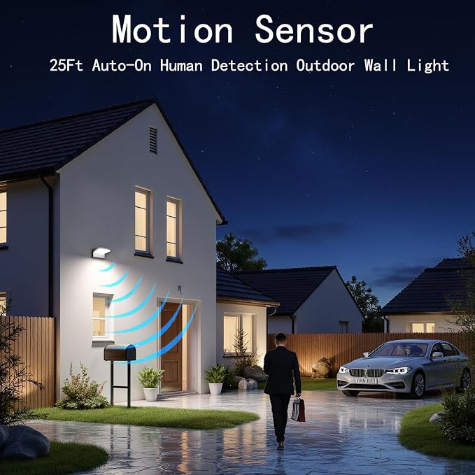 60W LED Motion Sensor Outdoor Wall Light Fixture, Flood Light | 3CCT,5000 Lumen,360°Adjustable Head,IP65 Waterproof,Commercial Security Lighting for House, Garage, Porch & Yard