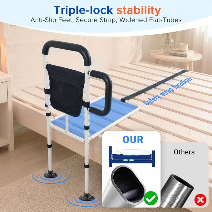 AYP Bed Rails for Elderly Adults Safety–Adjustable Bed Side Rails for Seniors, Featuring Extended Non-Slip Grab Bar and Storage Pocket, ASTM Approved Bed Cane–Fits Twin,Full,Queen,King Size Bed