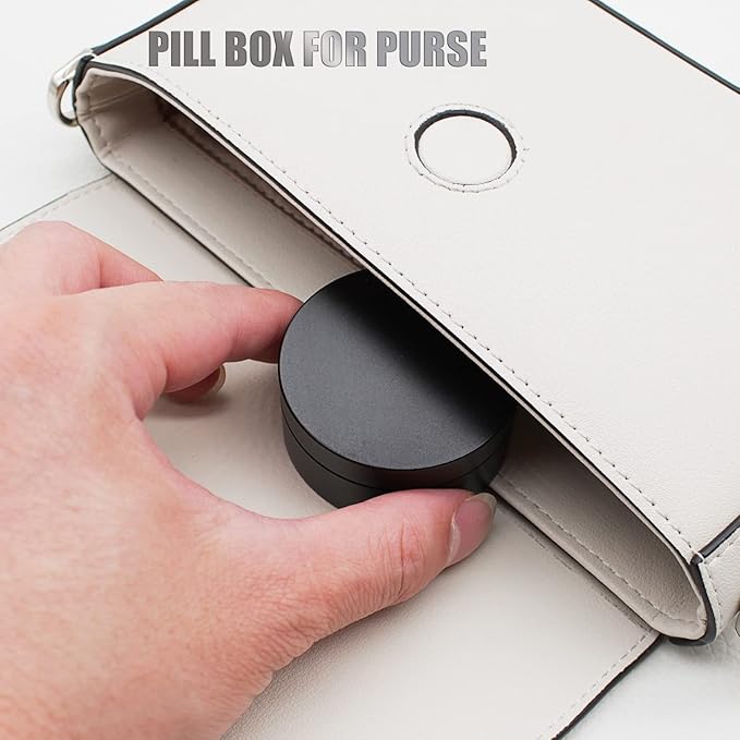 Portable Daily Pill Case, Heavy Duty Aluminium Alloy Round Pill Box, Waterproof Travel Pill Organizer, Pocket Purse Medicine Vitamin Holder EDC Container for Outdoor Camping Working