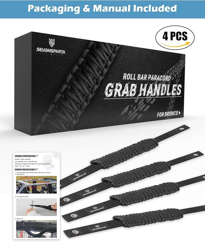 SEVEN SPARTA 4pack Roll Bar Grab Handles for Ford Bronco 2021-2026 2/4 Door | No Drill Install, Color-Matched Paracord Handles, Uses Factory Bolts, Sturdy & Comfortable Grip for 2021-2026 Bronco 2/4 Door