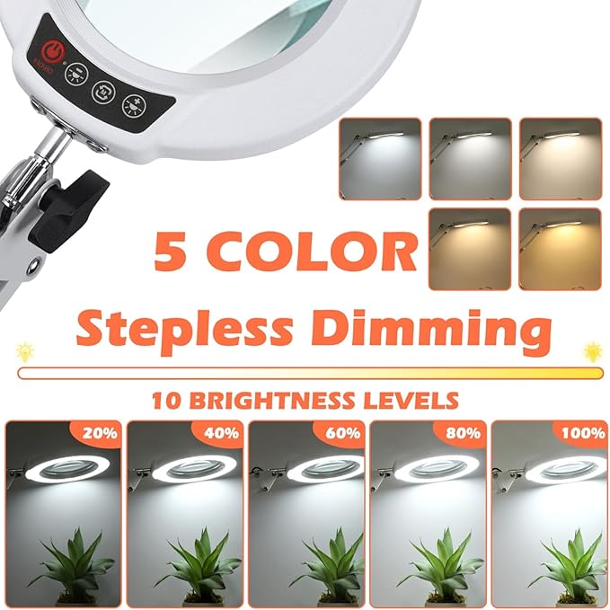 10X Magnifying Glass with Light and Stand, Real Glass Lens Desk Lamp, Lighted Magnifier with Light Stepless Dimming Hands Free for Craft, Reading, Painting, Sewing, Solder - White