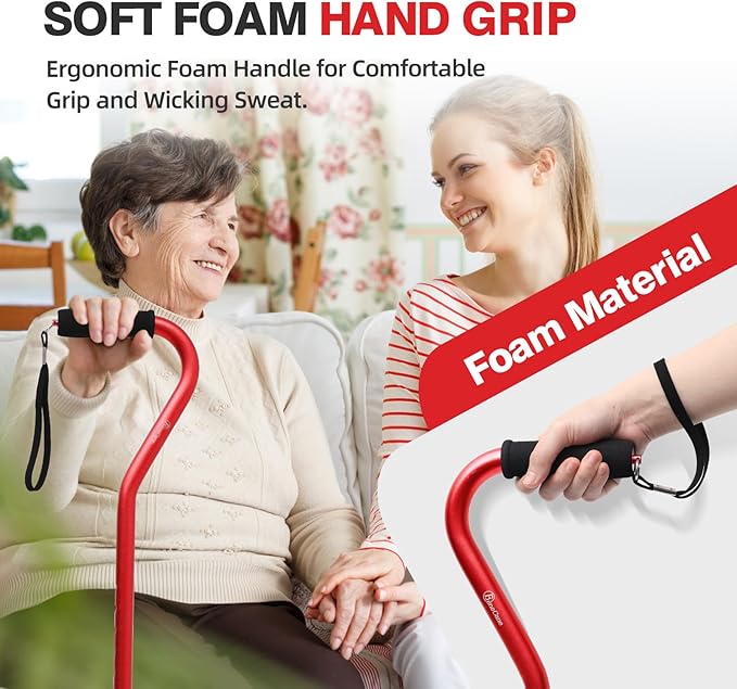 BeneCane Quad Cane Adjustable Walking Cane with Offset Soft Cushioned Handle for Men & Women Lightweight Comfortable with 4-Pronged feet for Extra Stability