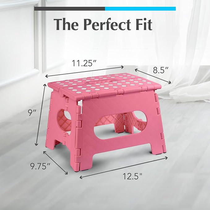 Handy Laundry Folding Step Stool 9 Inch 2 Pack, Holds 300 lbs, Non-Slip | Foldable Collapsible Plastic Stools for Adults and Kids with Handle, Lightweight for Kitchen, Bathroom, Bedroom, Pink