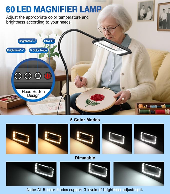 MoKo 10X Floor Magnifying Glass with Light and Stand, 7-Inch Lens | Floor magnifying lamp has a flexible gooseneck, 60 LEDs, 5 color modes and a 3-in-1 floor or desk design.