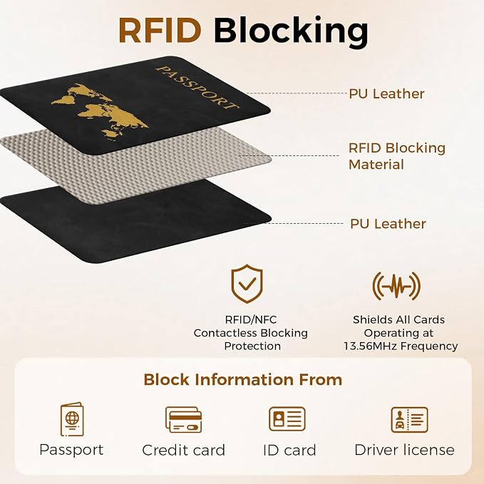 Passport Holder Travel Women Men, Passport Wallet with Airtag Slot, Black | RFID Blocking PU Leather Passport Holder Cover Case with Card Holder, Pen Slot