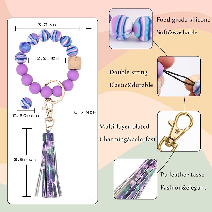 BAOSIWA Silicone Beaded Bracelet Keychain Wristlet Key Ring Bangle Chains for Women with Leather Tassel