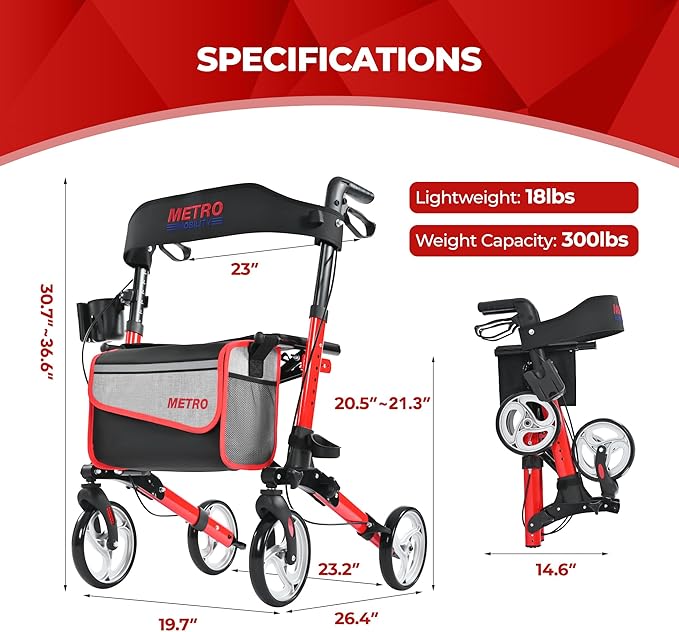Metro Mobility Rollator Walker with Seat for Seniors, Foldable Lightweight Rolling Walker, 8" Big Wheels for All Terrain, 300 lb. Weight Capacity, Red
