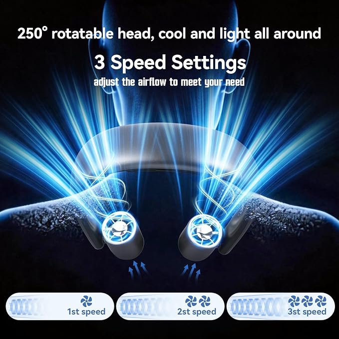 VAVOFO Portable Neck Fan with Book Light, Hands Free Wearable Cooling Fan | 6000mAh Rechargeable, 3 Speeds, 250° Adjustable, Ideal Gift for Reading, Travel, Office, Hiking, Fishing & Sports