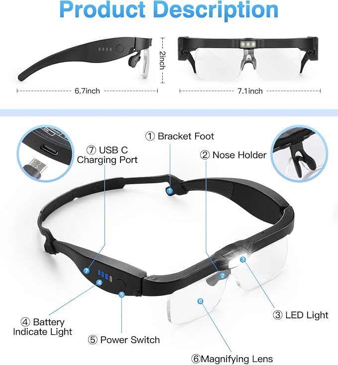 MoKo Magnifying Glasses with Light, 1X-4X Magnifier Headset | Hands-free headband magnifier includes 5 detachable lenses, adjustable LEDs and USB-C charging.