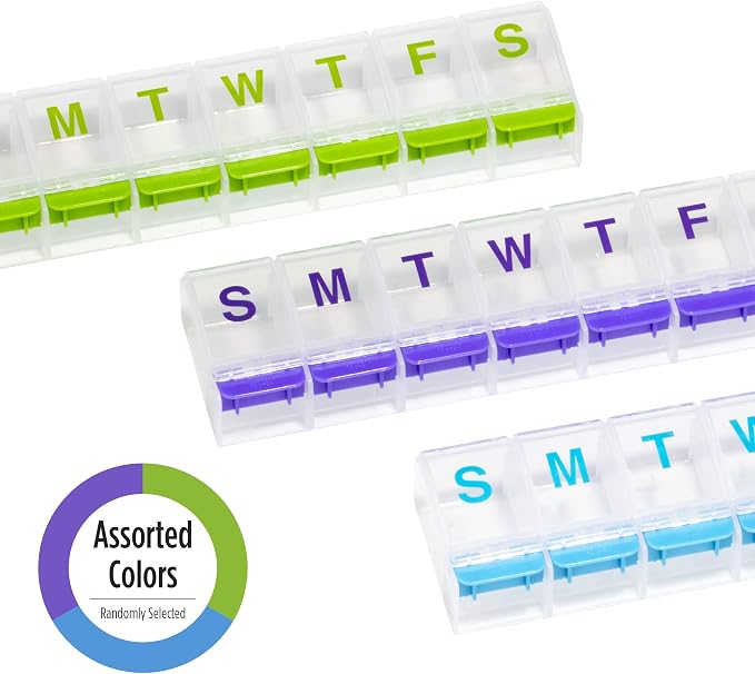 EZY DOSE Weekly (7-Day) Pill Case, Medicine Planner, Vitamin Organizer Box, 2X-Large Push-Button Compartments, Color May Vary, BPA Free