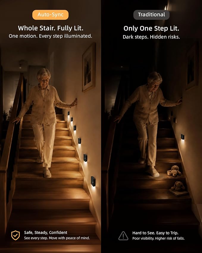 EZVALO 6 Pack Motion Sensor Night Lights, Sync LED Stair Lights Indoor, 1500mAh Rechargeable, Magnetic & Dimmable, 3000K Soft White, Portable Nightlight for Hallway, Stairs, Bathroom, Bedroom (Black)