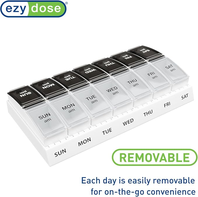 Ezy Dose Weekly (7-Day) AM/PM Pill Organizer, Small Case, Black/Clear | Daily Vitamin & Supplement Medicine Box, Compact Pop-Out Compartments, 2 Times a Day Pill Holder, Travel-Friendly, BPA-Free