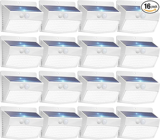 16 Pack Solar Motion Sensor Lights Outdoor Waterproof with 3 Modes | Cool White, White Frame, LED, Solar Powered, Security Lighting for Outside Wall Garden Fence Yard Deck Patio Garage