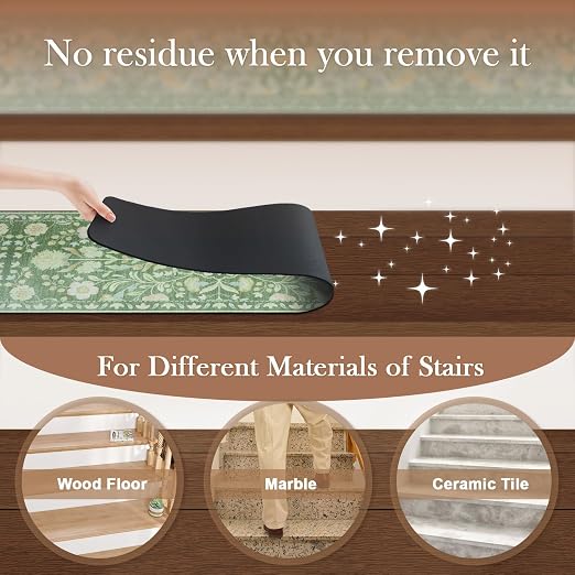 OJIA Stair Treads Non Slip Stair Runners for Wooden Steps 15PCS 8"x30" | Floral Carpet Stair Treads for Wood Stairs Indoor Staircase Step Treads for Kids & Dogs, Rubber Backing Stair Covers, Green