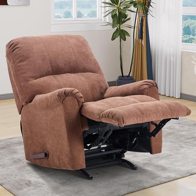Rocker Recliner Chair for Adults,Manual Recliner Chair with Overstuffed Backrest and Armrests, Soft Fabric Manual Rocking Reclining Sofa for Living Room, Brown