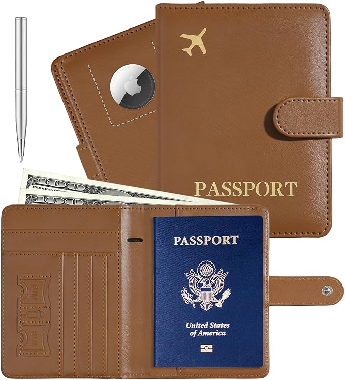 Passport Holder with AirTag Slot, Travel Passport Book Wallet | RFID Blocking, PU Leather, Cards Pocket, Cash Pocket, Passport Case, Women Men Travle Gifts, Travel Essentials
