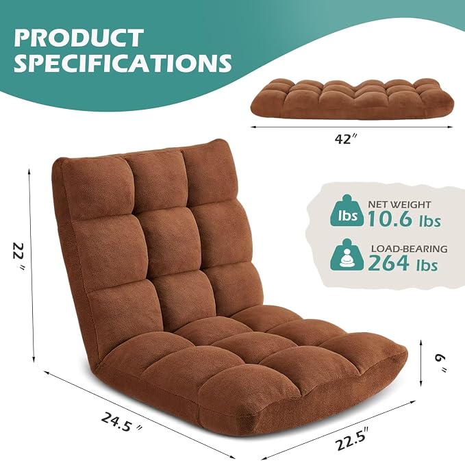 Folding Floor Gaming Chair 14-Poistion Cushioned Adjustable Floor Lazy Sofa Chair w/Breathable Cotton & Skin-Friendly Flannel for Adults & Kids Perfect for Reading Gaming Meditating, Brown