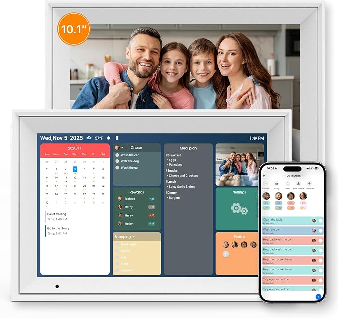 Digital Calendar 10.1" Smart Calendar, 1280 * 800 IPS HD Interactive Touchscreen Electronic Calendar for Family Schedules, WiFi Digital Picture Frame Built-in 32GB Memory White
