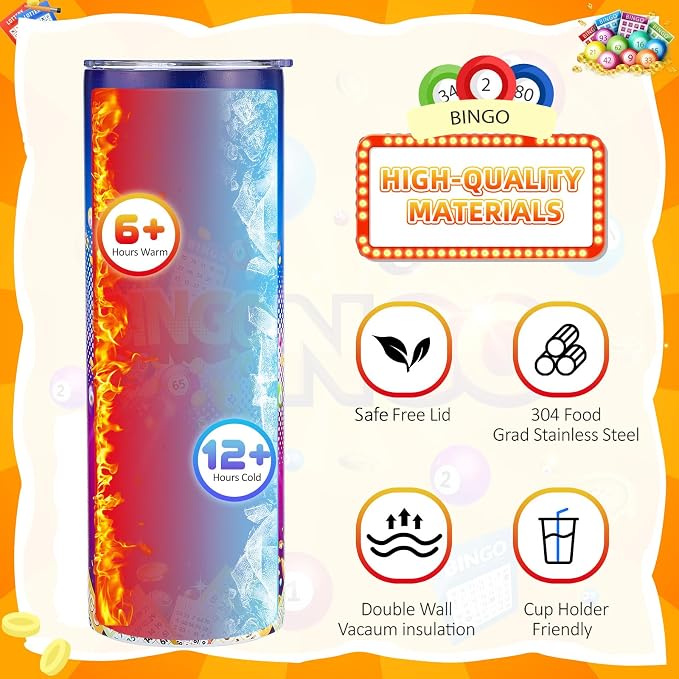 Geiserailie 2 Pack Bingo Tumbler Cups 20 oz Game Gifts Stainless Steel Tumbler with Lids Prizes for Seniors Mom Grandma Dad (Bright)