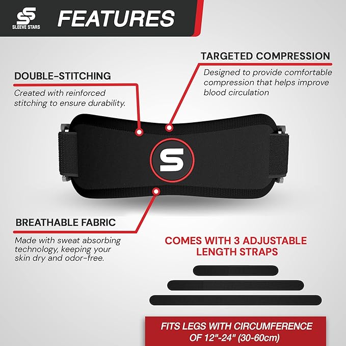 Sleeve Stars Patellar Tendon Support Strap Osgood Schlatter Knee Brace for Youth, Women & Men, Swedish Brand Patella Knee Strap for Arthritis & Pain, Patella Band w/ 3 Lengths (Black)