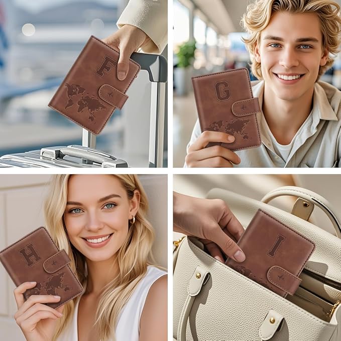 Passport Holder Wallet Cover Personalized Initial Travel Essentials | Embossed Letter A-Z Design, Travel Wallets, RFID Blocking, Passport Book Holders, Women Men, Personalized Gifts, Brown-H