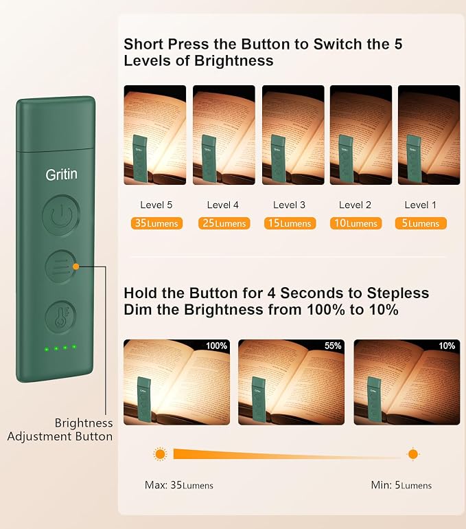 Gritin Book Light Rechargeable, Clip on LED Reading Light for Books in Bed | Eye Caring 3-Color & 5-Brightness, Stepless Dimming, Long Lasting, Compact Size Flexible Book Lamp for Bookworms-Dark green
