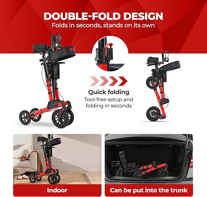 Metro Mobility Rollator Walker with Seat for Seniors, Foldable Lightweight Walkers for Seniors, 10" Big Front Shock-Absorbing Honeycomb Wheels for All Terrain, 300 lb. Weight Capacity, Red