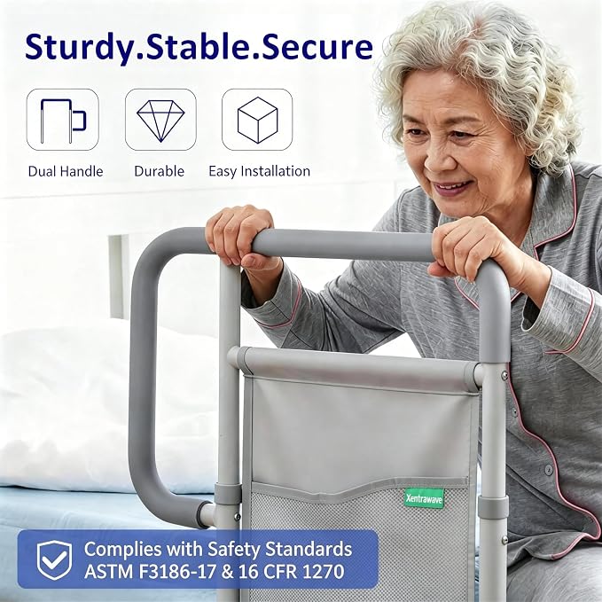 Bed Rails for Elderly Adults, ASTM Approved Bed Assist Rail with Dual Non-Slip Handles for Easily Getting in & Out of Bed, Stable Bed Railings with Storage Pocket, Load 350 LBS, Tool-Free Assembly