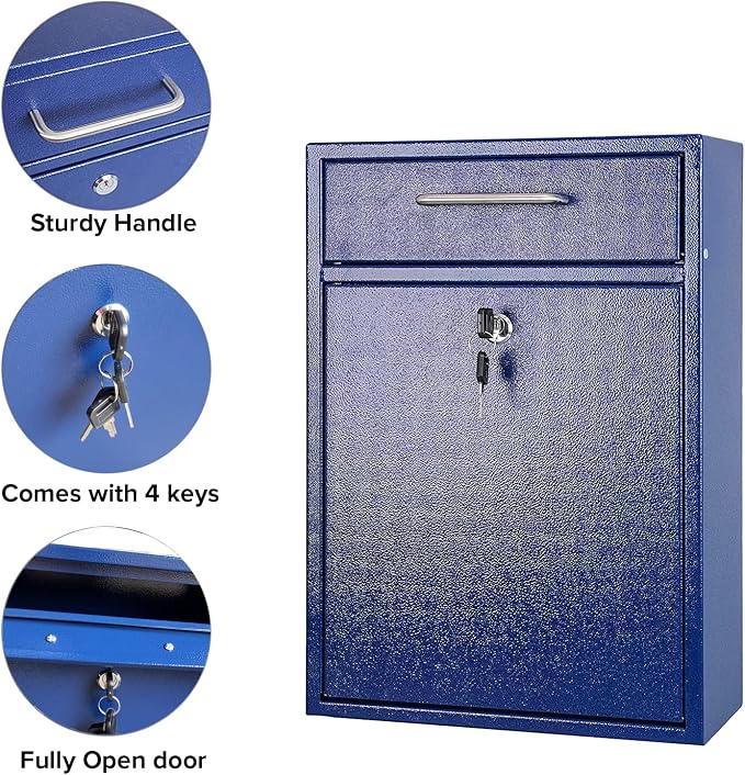 Wall Mounted Locking Vertical Dropbox Mailbox - Safe and Secure (Large) | Made with Galvanized Steel | Blue