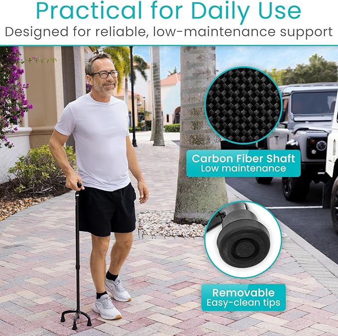 Vive Ultra-Lightweight Quad Cane - Carbon Fiber Walking Stick for Men & Women - Adjustable Ergonomic Grip Handle - Nonslip 4 Prong Rubber Tips for Right, Left Stability Support - Mobility Travel Aid
