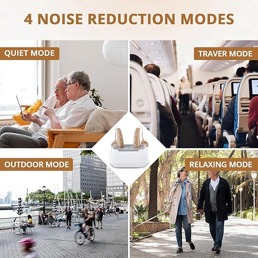 Hearing Aids For Seniors - Rechargeable Hearing Amplifier For Seniors Noise Reduction,4 Modes,Adjustable Volume, Comfort Design and Nearly Invisible,Behind The Ear,With Charging case（Dark Beige）