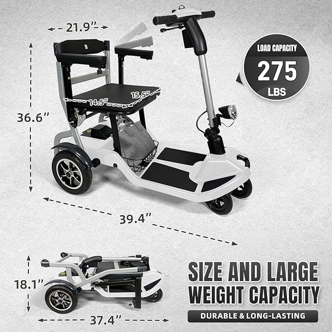 R3b-Mobility Scooters for Seniors Adults Ultra Lightweight 37.5 Ibs Electric Powered Folding 4 Wheel Mobility Scooter with Cup Holder, Compact & Convenient for Travel Airline Approved, White