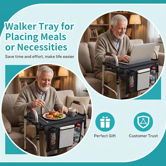 Walker Tray for Folding Walker, Tray for Walkers for Food, 3 Front Pockets & 2 Cup Holders, Fits Most Standard Rolling Folding Walkers, Walker Accessories for Senior, Black