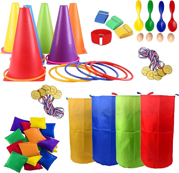 CircleCraft 53 Pcs Outdoor Games for Kids & Adults – Field Day & Lawn Carnival Games | Ring Toss, Bean Bag, Potato Sack Race Bags, Egg Spoon, Relay Race & Yard Game for Christmas and Easter