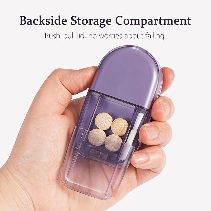 Pill Cutter Splitter for Small and Tiny Pills, or Large Pills. V-Shaped Design for Multiple Sizes. Safety Blade Guard. Loss-Proof Built-in Small Brush & Sliding Door Pill Storage (Sky)