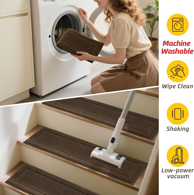 JSEI Stair Treads for Wooden Steps Indoor, 4-Pack, 30" x 8", Brown | Non Slip Stair Treads, Washable Polyester Stair Mats with TPE Backing, Low Profile Stair Rugs for Kids, Seniors and Dogs