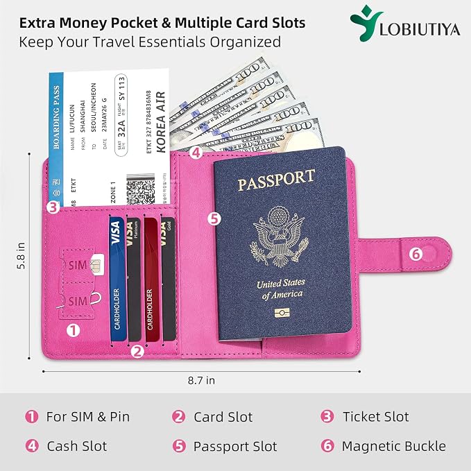 Passport Holder For Travel with Luggage Tag Cover – RFID Blocking Travel Passport Wallet Holder for Women/Family| PU Leather Passport Case with Extra Money Pocket/Magnetic Clasp, Pink