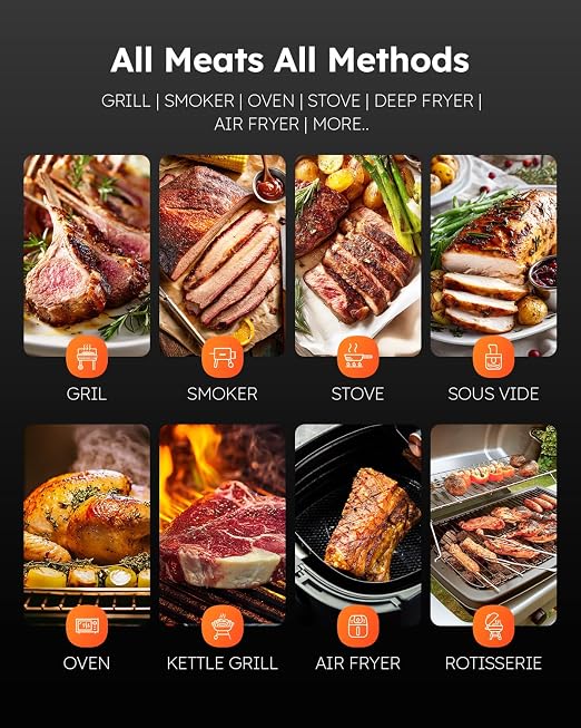 Wireless Meat Thermometer Digital, Smart Bluetooth Instant Read, Grey | Cooking, Grilling, BBQ, Air Fryer, Smoker, Candy, Kitchen Gadgets, BBQ Essentials