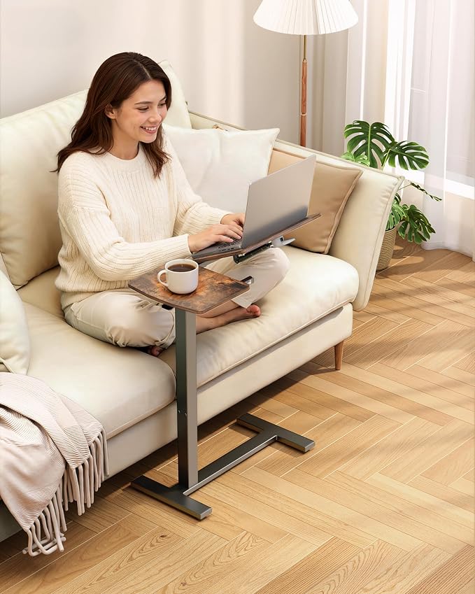 Sakugi Overbed Bedside Table with Wheels, Right-Side Tilt Top, Laptop Desk | Home & Office, Hospital Bed Table, Rolling Bed Tray, Height Adjustable, Brown,12.9" D × 27.6" W × 29.1"–39" H