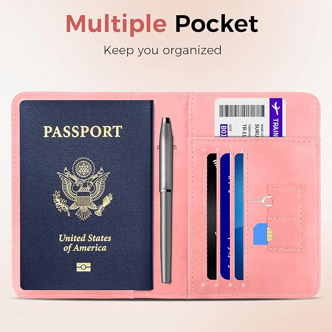 Passport Holder Travel Women Men, Passport Wallet with Airtag Slot, Pink | RFID Blocking PU Leather Passport Holder Cover Case with Card Holder, Pen Slot