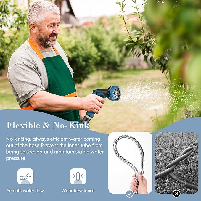 Metal Garden Hose 50FT with 10-Function Nozzle, No-Kink Water Hose | Metal Hoses with Leak-proof Connectors, Lightweight, Puncture-proof, Pet-proof, Sturdy, 550PSI, Hose for Outdoor, Yard