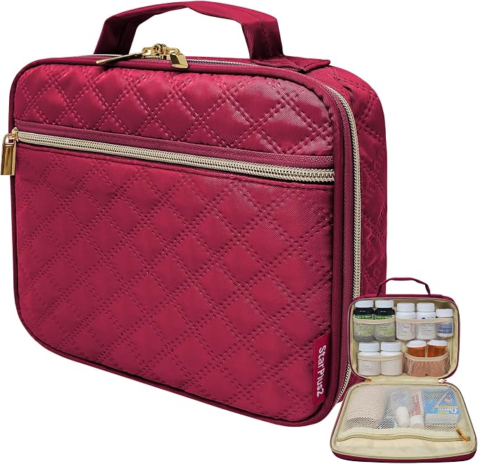 Large Travel Pill Bottle Organizer, Slim Medicine Bag, Carrier for Medications and Medical Supplies - Red WIne Ultrasonic