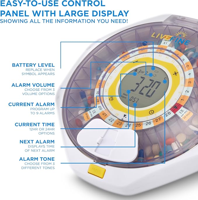 LiveFine Bluetooth Pill Dispenser, 9 Dosage Rings, 28-Day, Clear Lid | Free app control with sound and light alerts, secure key lock, quick-press latch - for seniors and arthritis sufferers.