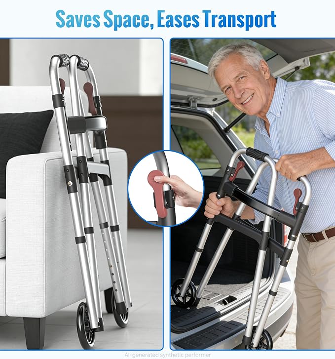 Walkers for Seniors, One-Hand Folding, 8 Height Adjustments, Walkers with Wheels, 2 Skis and 5" Wheels, Lightweight Walker for Seniors, Standard Walkers for Seniors, Aluminum Frame, Silver