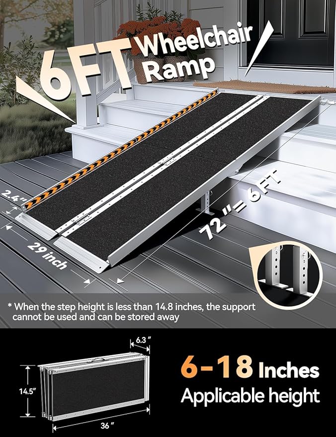 FACHNUO 6 Feet Portable Wheelchair Ramp with Sopport Legs, Non-Skid Aluminum Handicap Ramps, Folding Threshold Wheel Chair Ramp for Home Steps, Stairs, Entry, Threshold, Doorways, 800LBS Capacity